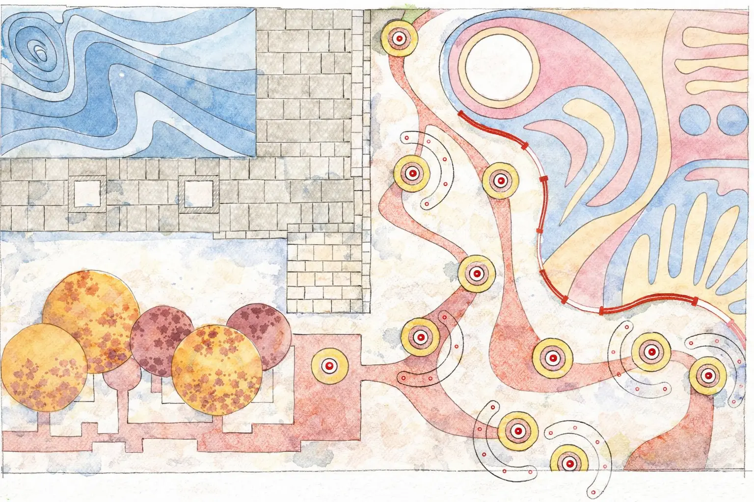 A curated flooring palette defines each community space while maintaining a cohesive landscape language. Textures and materials shift to suit activities—crazy patterns for play areas, calm stone for senior seating, durable surfaces for game courts, and expressive paving for cultural gatherings. Around the pool is rhythmic, cooler and relaxed textures to enhance comfort and visual diversity. — Aadhya Aarambh project detail, Sculpting Grounds