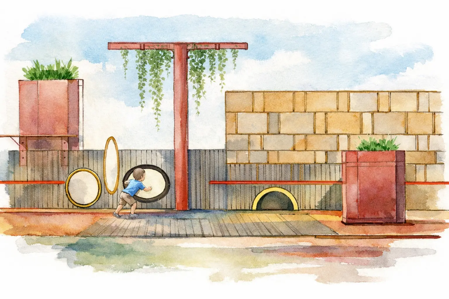 A playful wall with circular punctures encourages interaction in the children’s zone, while pergola structures create shaded gathering spaces. Movable planters introduce flexibility and greenery, and textured stone cladding defines edges and backdrops—together forming a cohesive yet dynamic setting for recreation, rest, and community life. — Aadhya Aarambh project detail, Sculpting Grounds