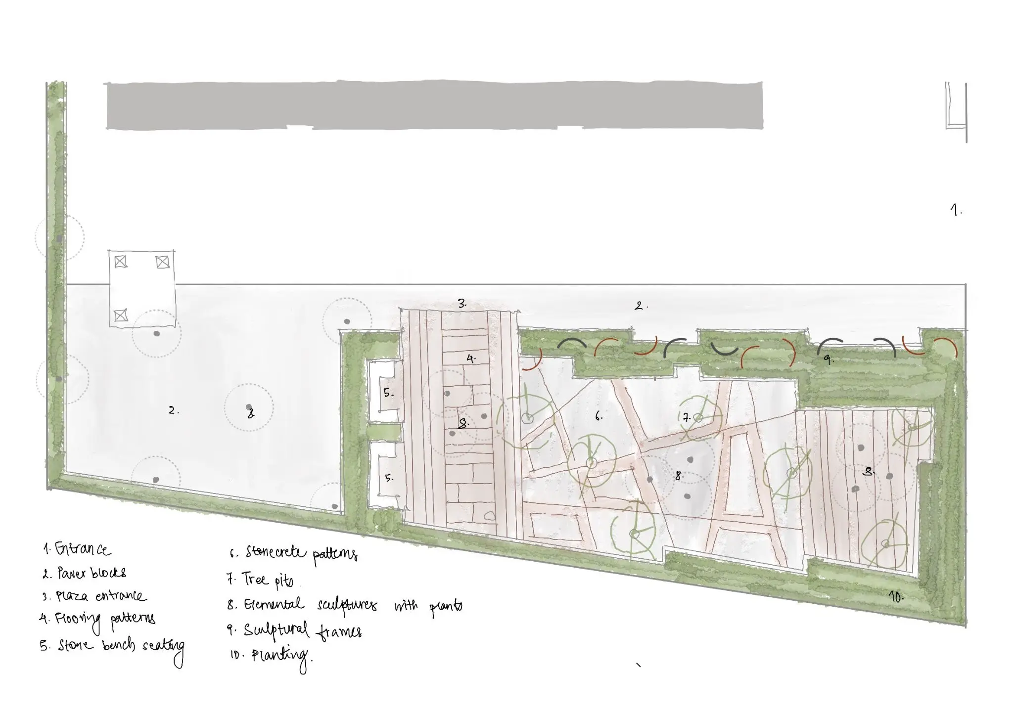 The factory landscape plaza evolves through iterative design explorations, shaping a dynamic entrance that balances functionality with identity. Multiple seating configurations are developed—integrated, shaded, and semi-enclosed—to cater to varied user needs. Elemental features, layered materials, and green buffers define spatial character, guiding movement while creating inviting pause points. — Engineered - Inside out project detail, Sculpting Grounds