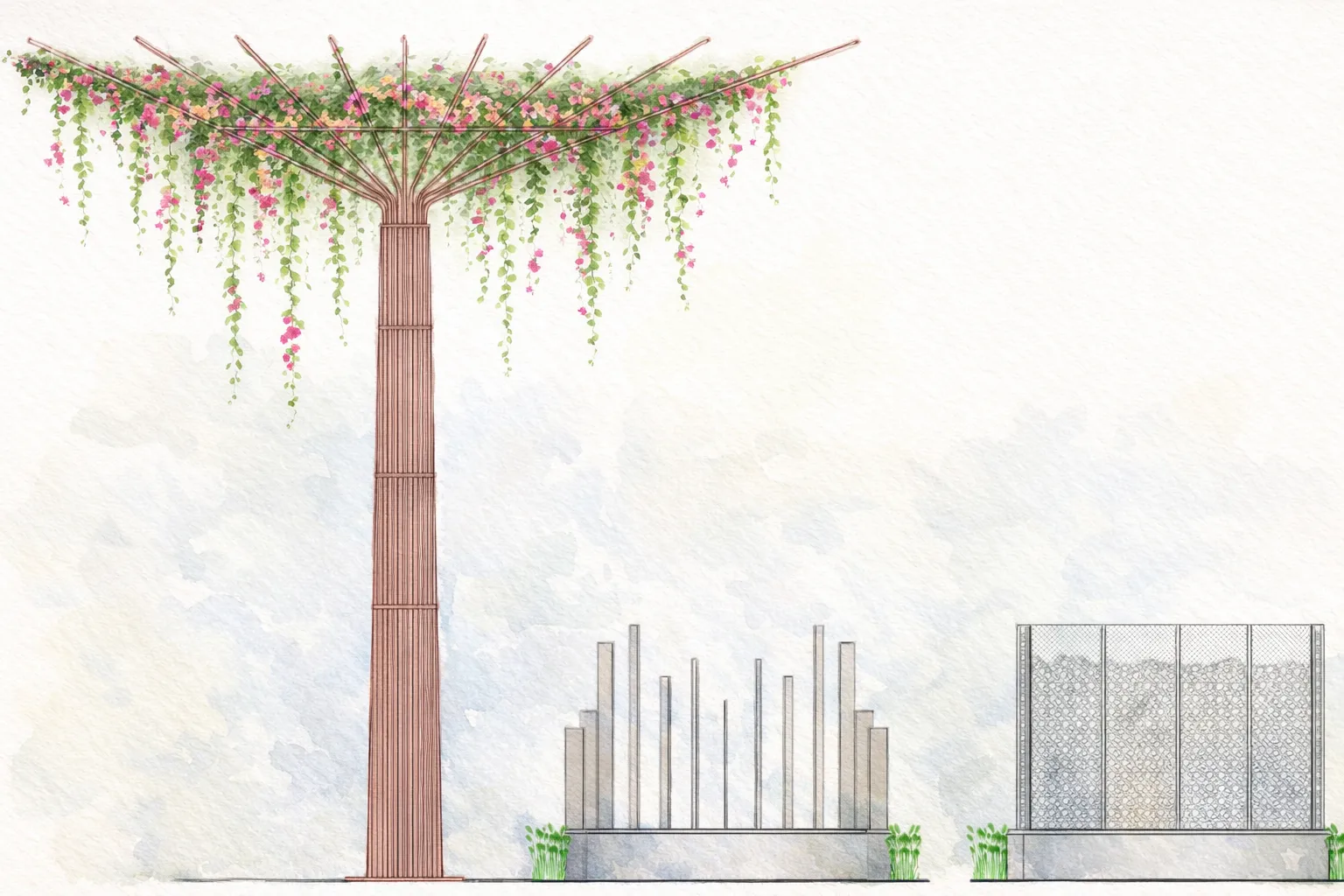 C-shaped walls are articulated in contrasting expressions—wire mesh frames filled with pebbles create porous, tactile screens, while solid metal plate variants in varying heights introduce rhythm and visual depth. — Engineered - Inside out project detail, Sculpting Grounds