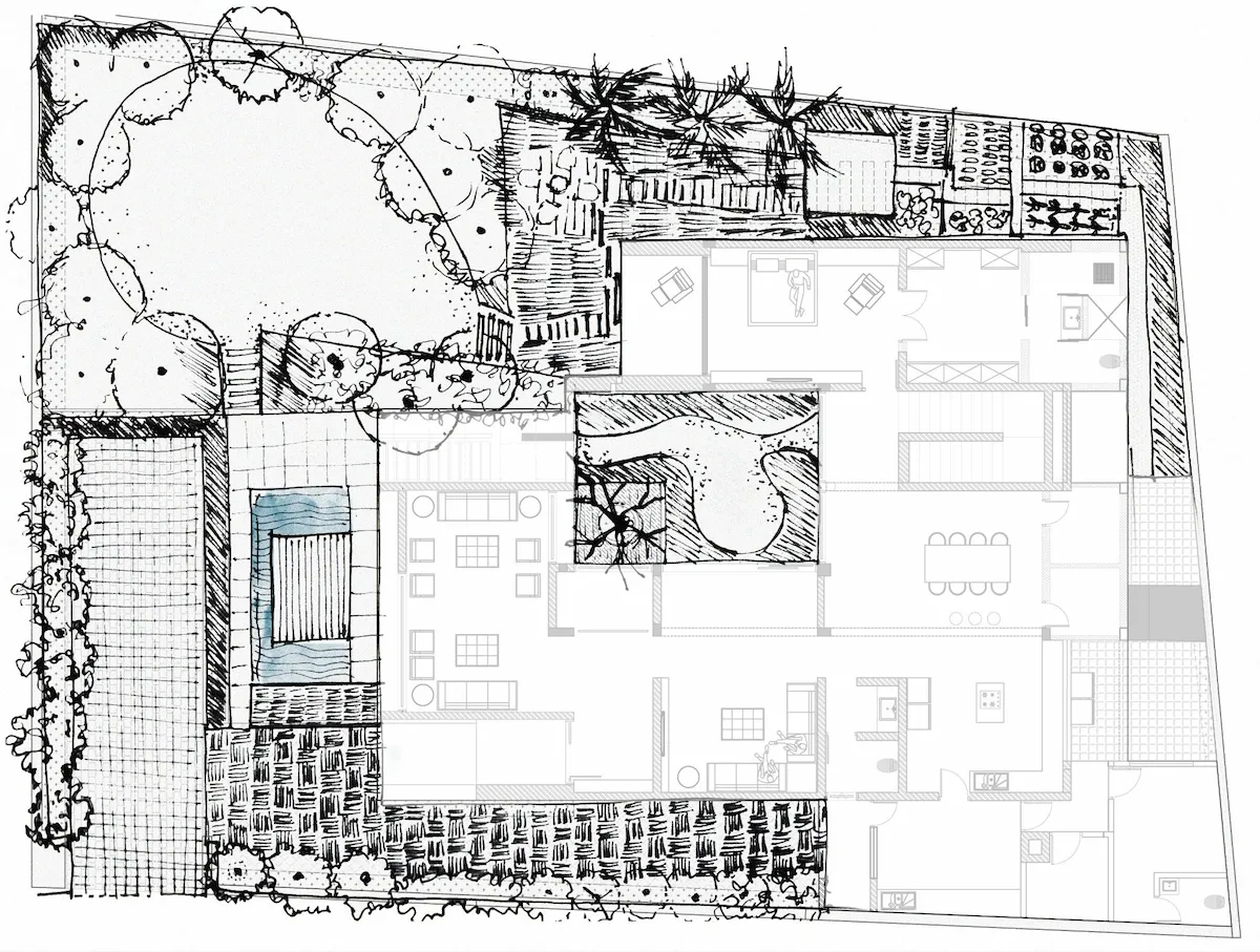 The design seamlessly connects indoor and outdoor spaces, with a water feature and tropical plants extending the living area. The parents' bedroom opens to the lawn, offering a view of their grandchildren playing. The backyard garden formality with productivity. — Gala Lotus project detail, Sculpting Grounds