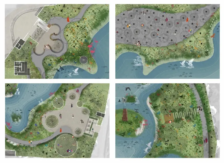 An entrance plaza that welcomes a lake that holds life and a landscape that lets humans and birds belong together. An open plaza welcomes all, Seats curve around soft lawns. Circular greens invite gathering, Space breathes with quiet warmth. Gazebo beside the lake, Windmill rises on the island. Fauna nest along the edge, Water, art, life aligned. A restored lake, a thriving wetland and a tree grove where every age finds it's place Nature heals. People return. — Anandam Jedva lake project detail, Sculpting Grounds