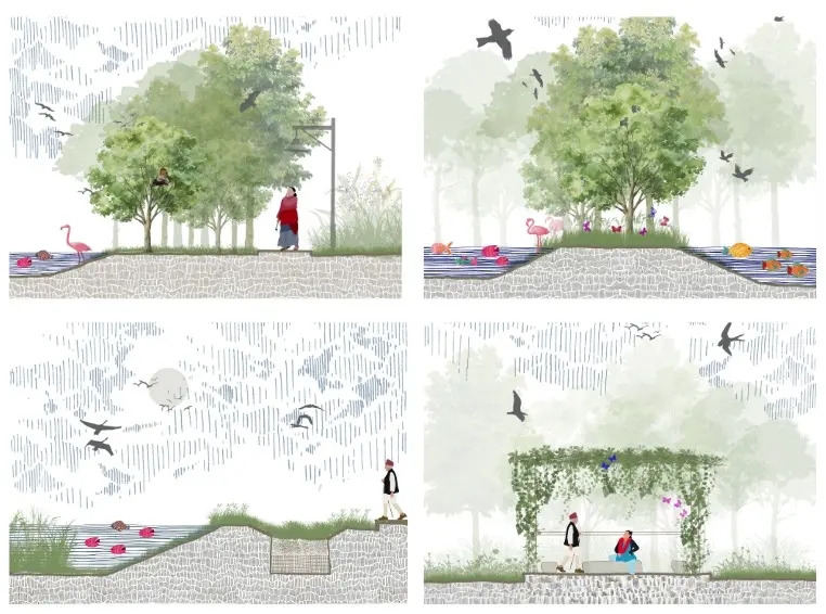 Humans walk the shaded path, By the curved lake edge. Birds rest at root and water, Trees guard the quiet. An island rests in the lake, Dense trees guard its heart. Ripples ring the green refuge, Birds call it home. Walkway guides the slowing flow, Through a hidden chamber below. Cleared waters reach the lake, Nature kept awake. A gazebo by the lake edge, Creepers cast soft shade. Water glimmers beyond, People sit in peace. — Anandam Jedva lake project detail, Sculpting Grounds