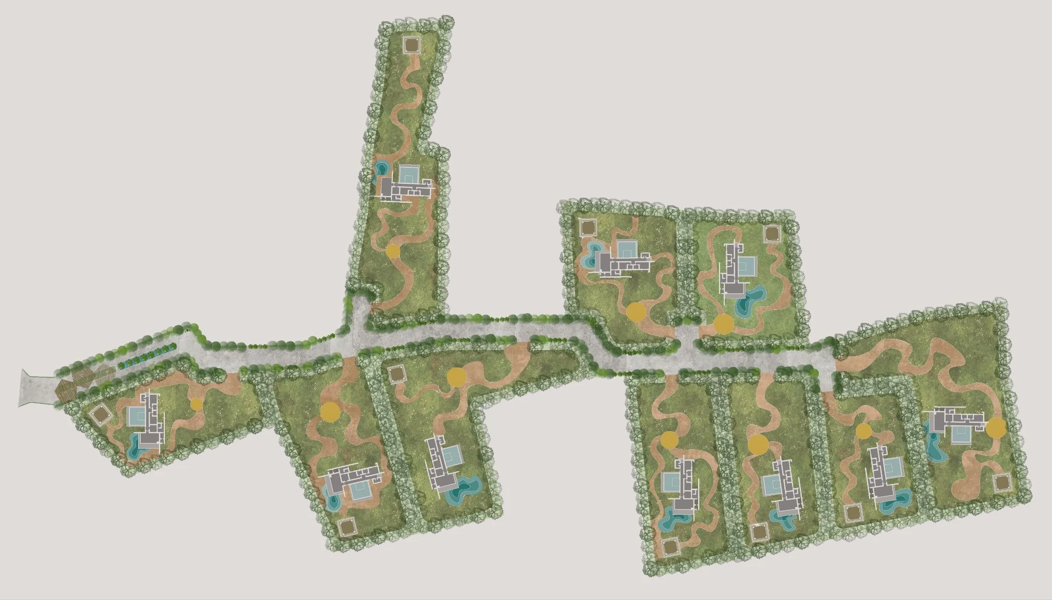 Each plot is designed with a clearly defined entrance, integrated landscape tailored to its context, and a functional layout. Roads are edged with kerbed planters, creating a continuous green edge, along with designated parking provisions. The planning ensures organized circulation, visual consistency, and a balanced relationship between built form and landscape. — Jeevan Vatika project detail, Sculpting Grounds
