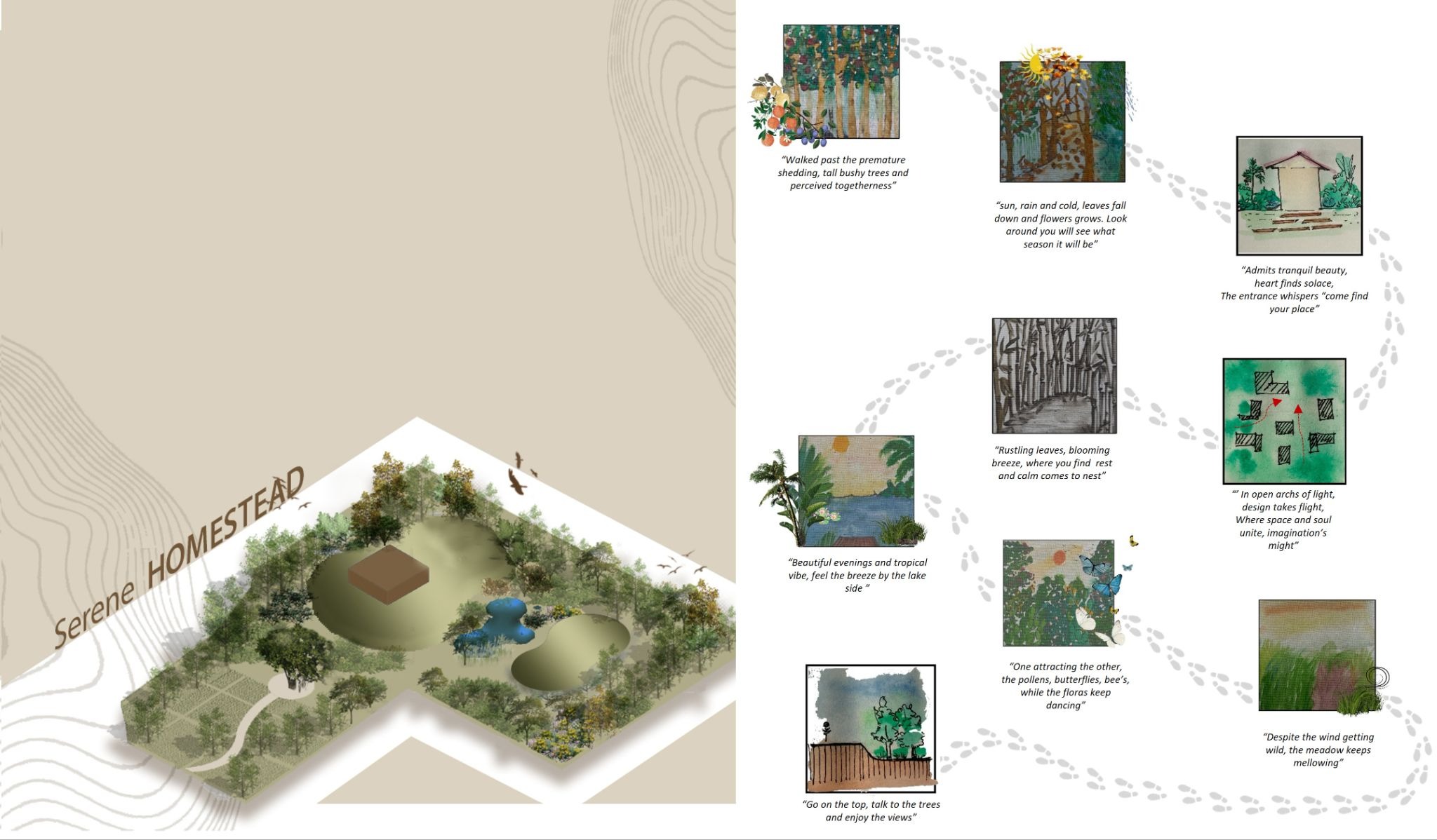 The project envisions the regeneration of a tranquil, environmentally conscious retreat — an oasis of calm designed to reconnect residents with nature within an urban setting. At the arrival plaza, a majestic banyan tree anchors the design as a living landmark. Layered planting, textured materials, and carefully choreographed pathways guide visitors through an enchanting landscape sequence, setting the tone for a cohesive and contemplative journey. — Ramjula project detail, Sculpting Grounds