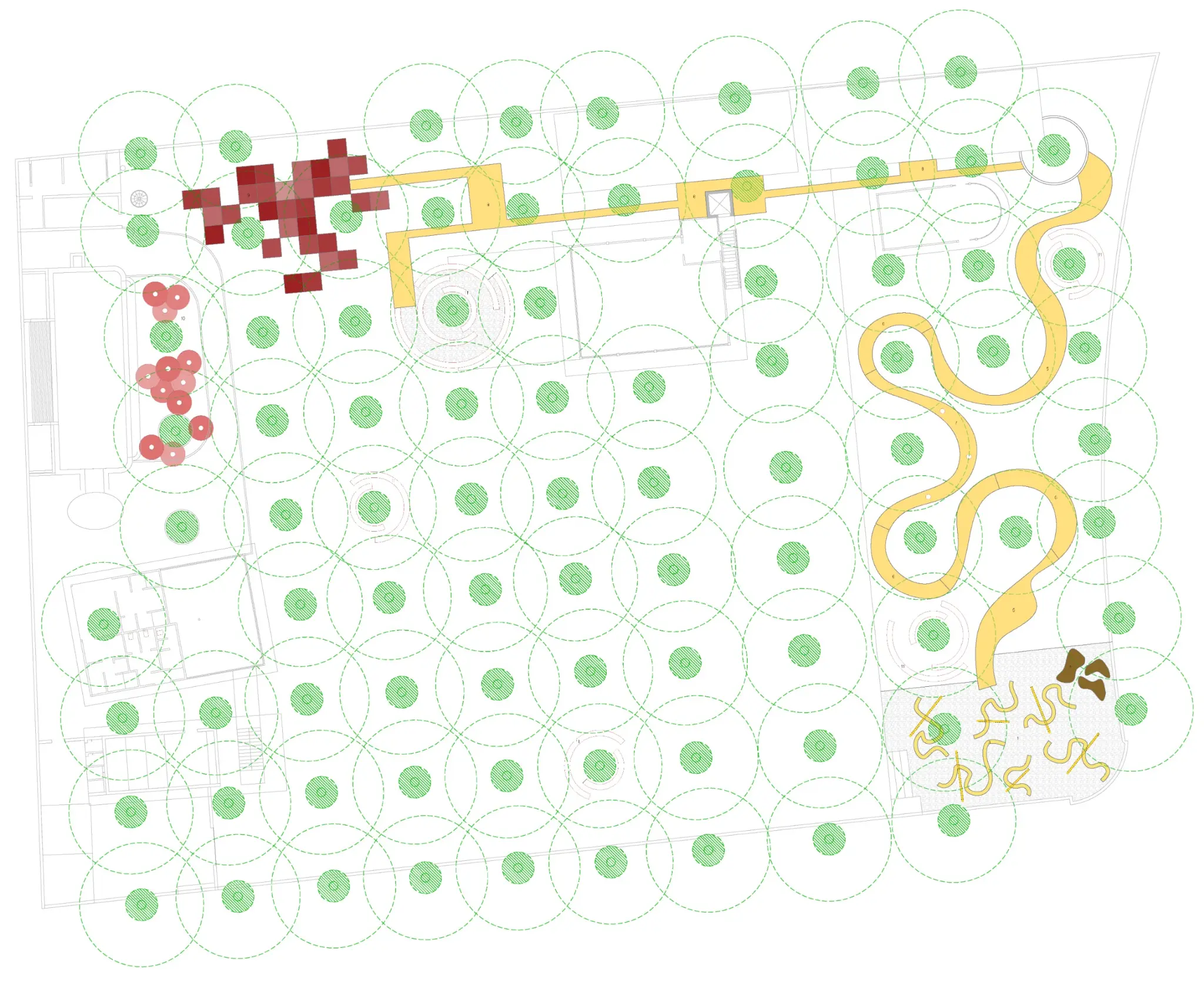 A continuous yellow ribbon becomes the defining element of the landscape, weaving through the site to connect different spaces and guide movement. Acting as both a visual and spatial thread, it unifies the landscape while subtly directing circulation and activity. Complementing this gesture, bold red plinths are introduced to create variations in level across the site. These raised elements not only add depth and spatial interest but also form informal seating, gathering spots, and playful edges. Together, the ribbon and plinths establish a dynamic composition—transforming the landscape into an engaging environment with a strong visual identity and lively focal points. — Safal vihaan project detail, Sculpting Grounds