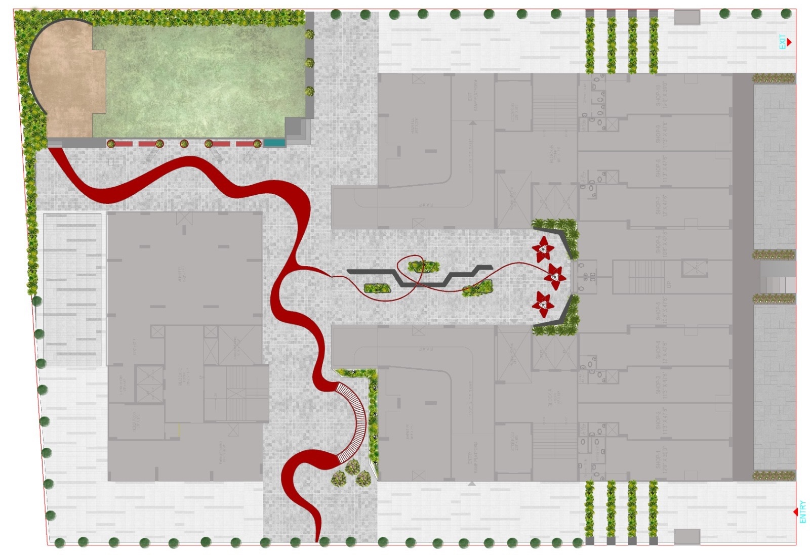 Along the rigid, Flows a ribbon of fire, Flaming across unknown. A ribbon of fire- a sculpture - floating in space - dividing and connecting the common space of a residential plaza , allowing the users to experience the space in a bright vibrant way. — Shivaan Serenity project detail, Sculpting Grounds