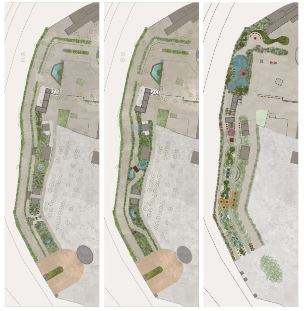 Design iterations shape the journey from entrance to temple as a long, immersive walk through layers of nature. Sculptures and installations punctuate the path, while shaded canopies offer comfort along the way. The experience unfolds as a serene, engaging procession, allowing devotees to transition gradually from arrival into a moment of reflection and spiritual connection. — Sri Siddhivinayak Devasthan project detail, Sculpting Grounds