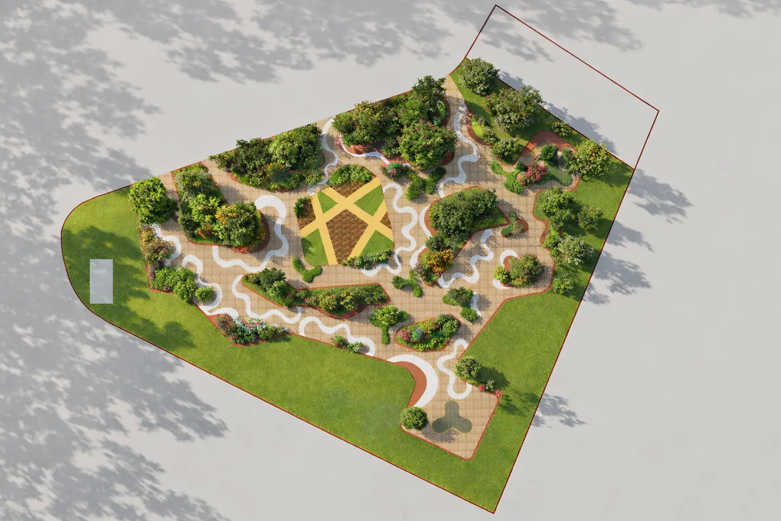 The design plan emerges as an abstract graphic—waves and curves evoking emotion, almost like an aerial expression of controlled madness. Within a compact factory landscape, it becomes a creative ground for exploration, where fluid forms and shifting patterns shape a dynamic, immersive space that breaks from rigidity and invites intuitive movement and discovery. — The Workday Commons project detail, Sculpting Grounds