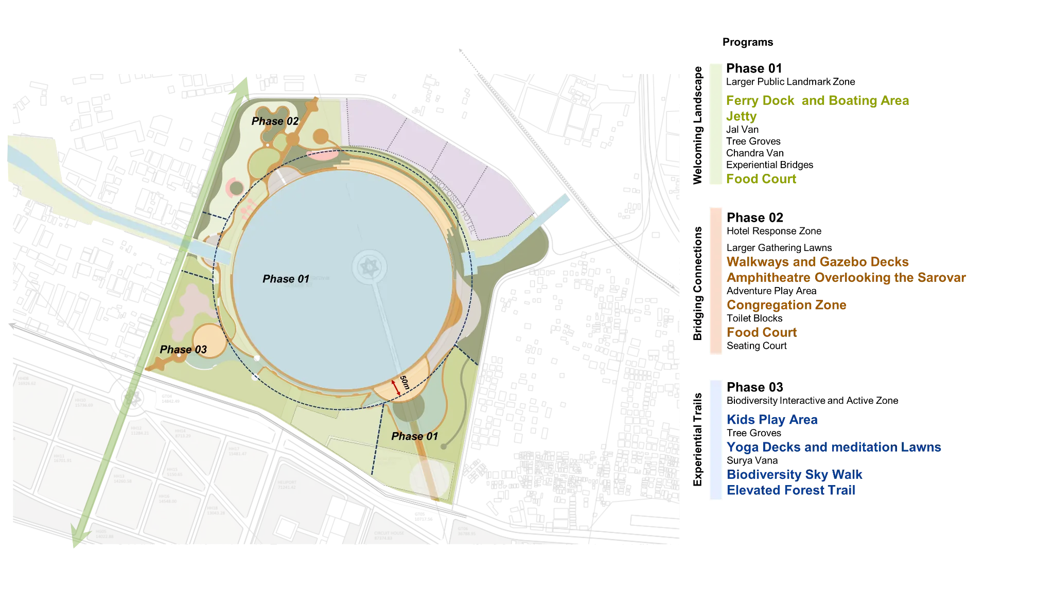 The masterplan will unfold in three phases: a larger public landmark zone establishing identity and gathering spaces; a hotel response zone aligning with hospitality functions and arrival experiences; and a biodiversity-focused interactive zone, encouraging active engagement with nature through immersive landscapes, ecological sensitivity, and layered experiential pathways. — Somnath Sarovar project detail, Sculpting Grounds