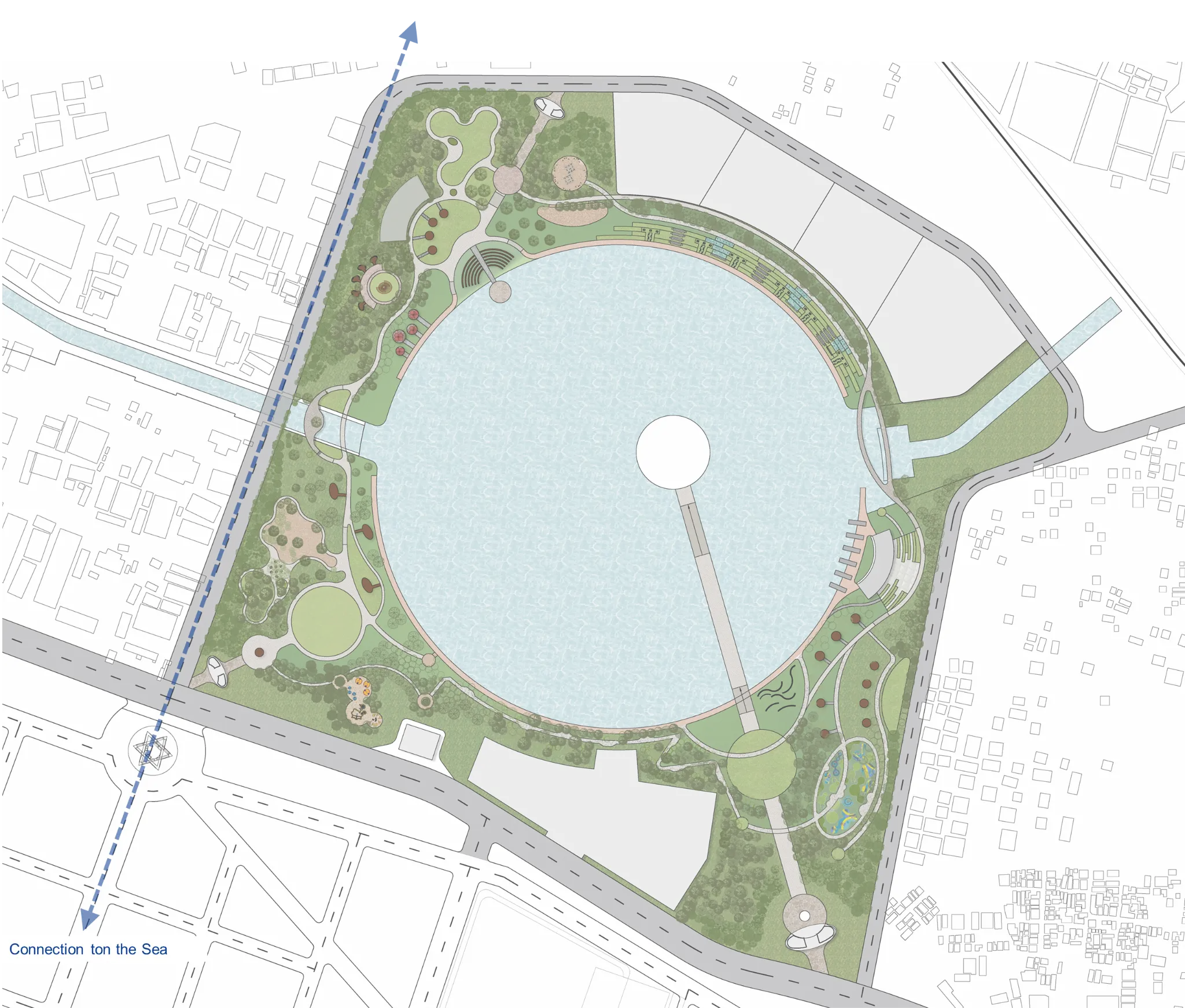 The design masterplan establishes a cohesive framework, organizing movement, spatial hierarchy, and key landscape zones. It defines primary connections, integrates the sarovar as a central anchor, and aligns built and natural elements. This phase sets the foundation for subsequent development, guiding identity, functionality, and the overall experiential character of the project. — Somnath Sarovar project detail, Sculpting Grounds