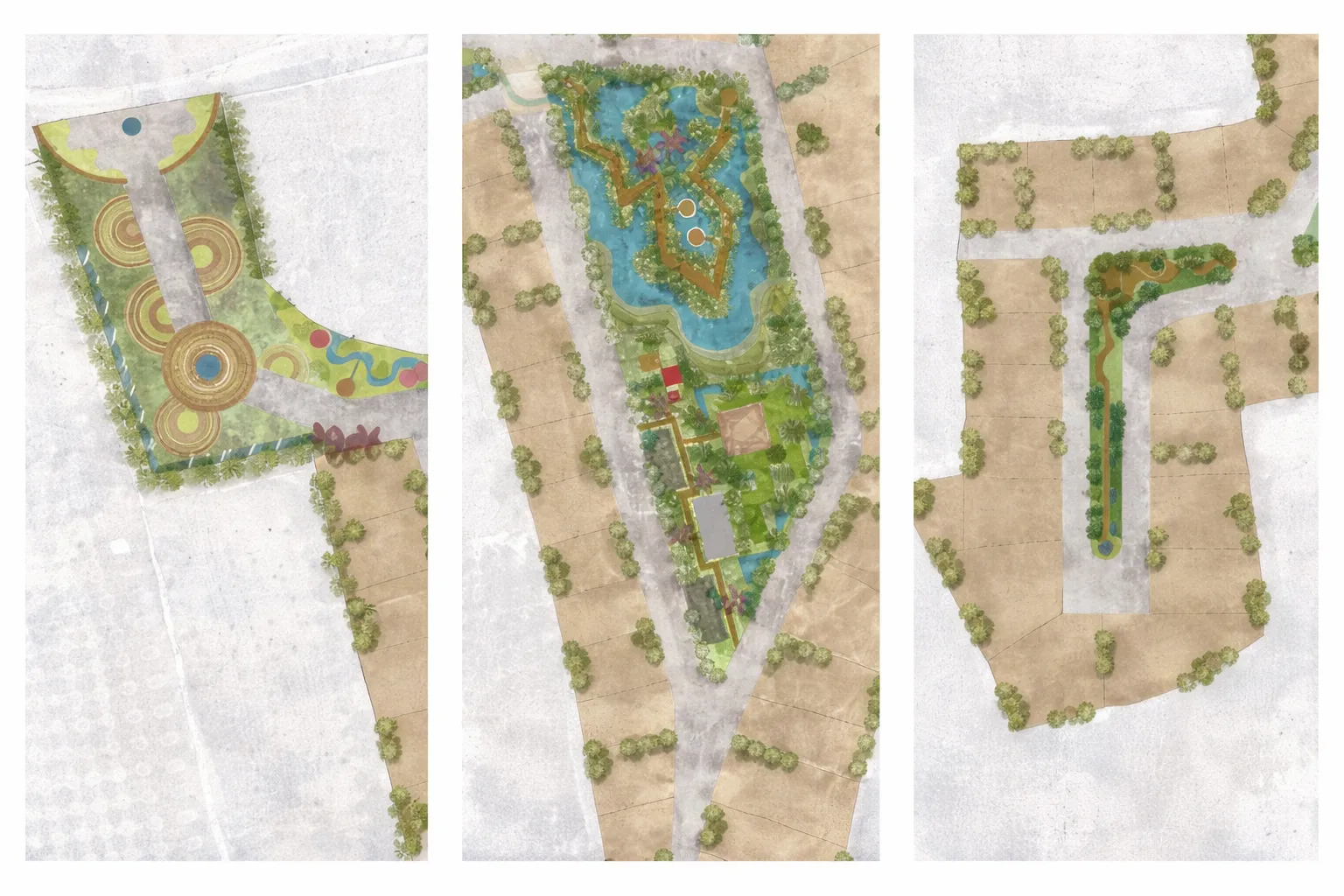 Water acts as the primary connective element across all common areas, guiding movement and shaping spatial experiences. Pathways navigate along its edges, while varied water forms—ponds, channels, and reflective surfaces—anchor key spaces. This approach creates a cohesive design language, where interactions with water define character, continuity, and a layered experiential journey. — Vanvaso project detail, Sculpting Grounds