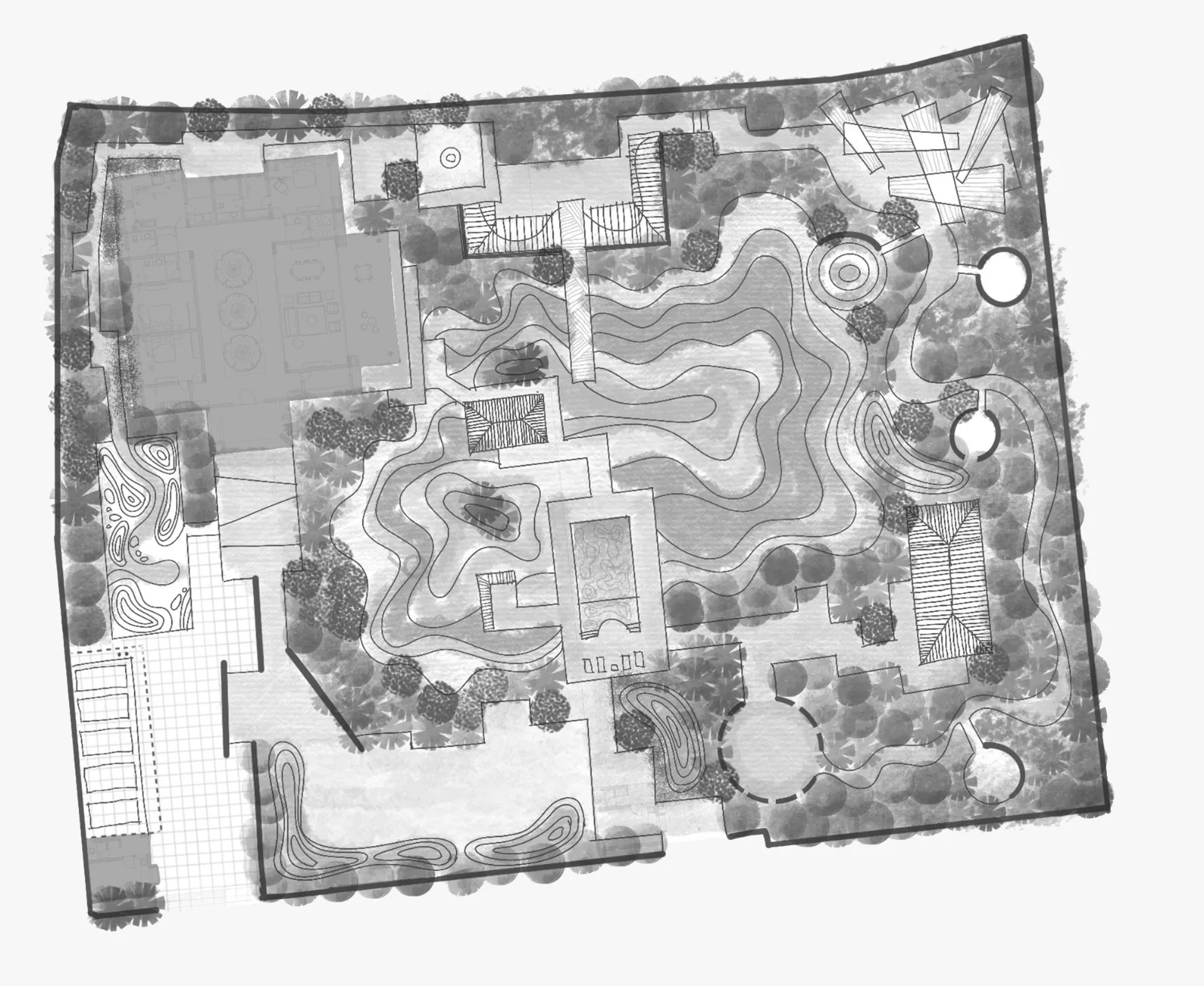 Various options were explored. The weekend house landscape is envisioned as a serene retreat where water, texture, and greenery create an immersive natural experience. A reflective water body with a bridge crossing becomes the central focal point, framed by dense planting and shaded tree groves. — Boulevard bungalow project detail, Sculpting Grounds