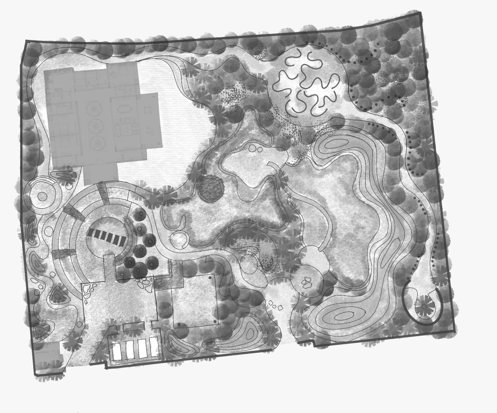 This landscape approach focuses on creating a more open and interactive environment that blends relaxation with recreation. Natural stone elements and textured pathways guide movement through the site, while pockets of greenery and water features introduce calm visual moments. The design encourages fluid movement between social spaces and peaceful retreats, fostering a balanced weekend escape connected to nature. — Boulevard bungalow project detail, Sculpting Grounds