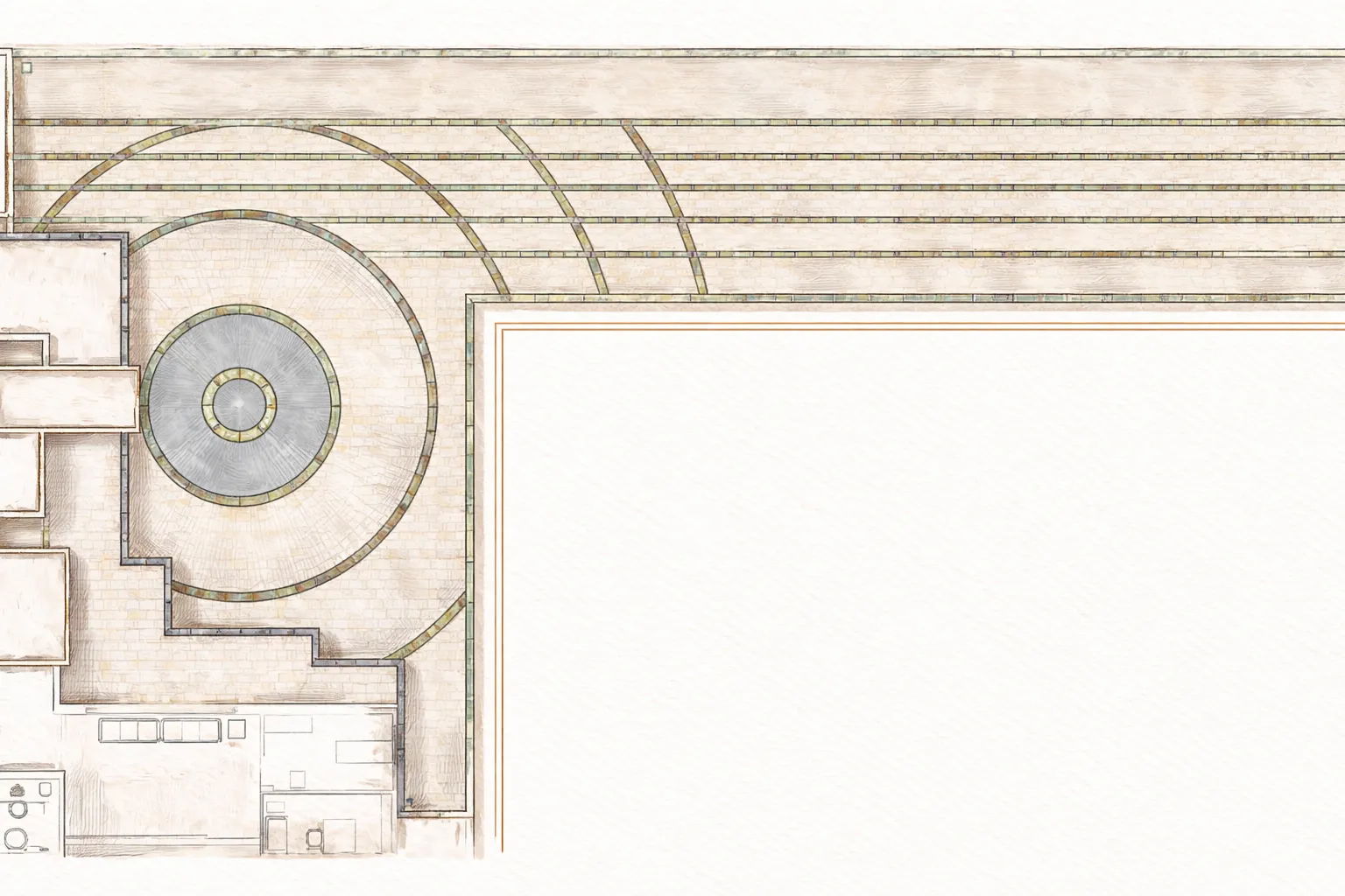 The flooring pattern was explored as a primary design element, transforming the ground plane into a strong visual and spatial guide. Concentric circular rings were developed to create a focal point at the entrance, subtly directing movement toward the foyer while organizing the surrounding space. Through variations in material tone and pattern density, the flooring itself becomes the highlight—anchoring the composition and reinforcing the sense of arrival. — The Corporate Forecourt project detail, Sculpting Grounds