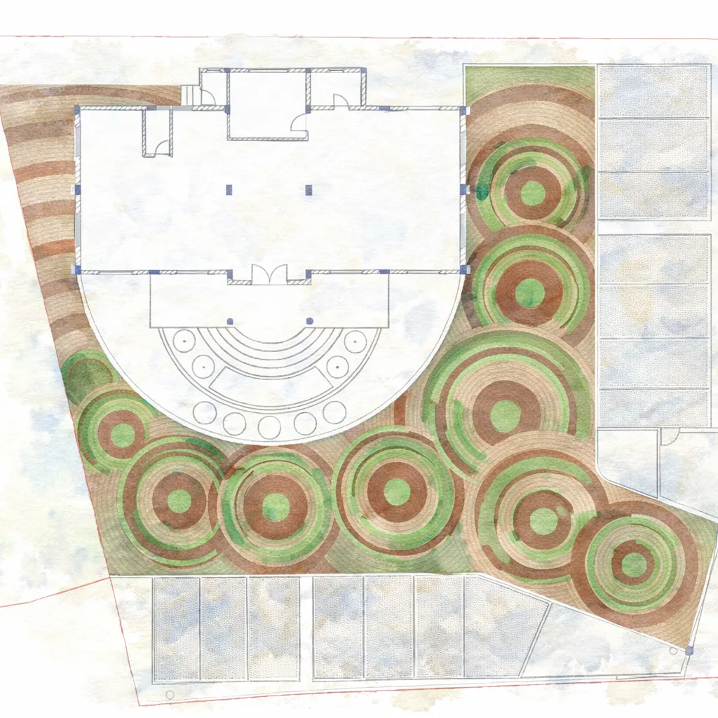 The plinth follows a semi-circular form, extending the geometry of the forecourt, while a water body is integrated to unify the composition. Together with the concentric paving and greens, these elements create a cohesive design language, culminating in a grand, dignified entrance gesture that enhances arrival experience and spatial presence. — A geometric plaza project detail, Sculpting Grounds