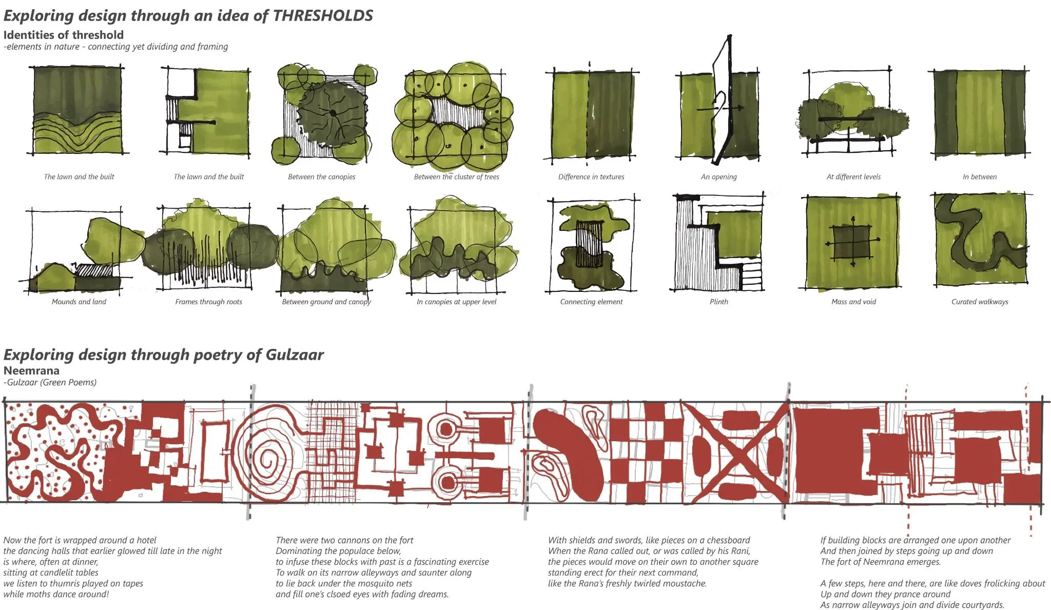 The project brief evolved through two conceptual explorations — one derived from clear parti diagrams structuring thresholds and other inspired by evocative phrases from Gulzar’s poetry, translating emotion into space. Together, these approaches informed the division of the site into distinct yet interconnected zones. Each space is curated as an experience, balancing logic and lyricism, where movement, pause, and transition unfold as a layered narrative across the landscape. — Linear landscape project detail, Sculpting Grounds