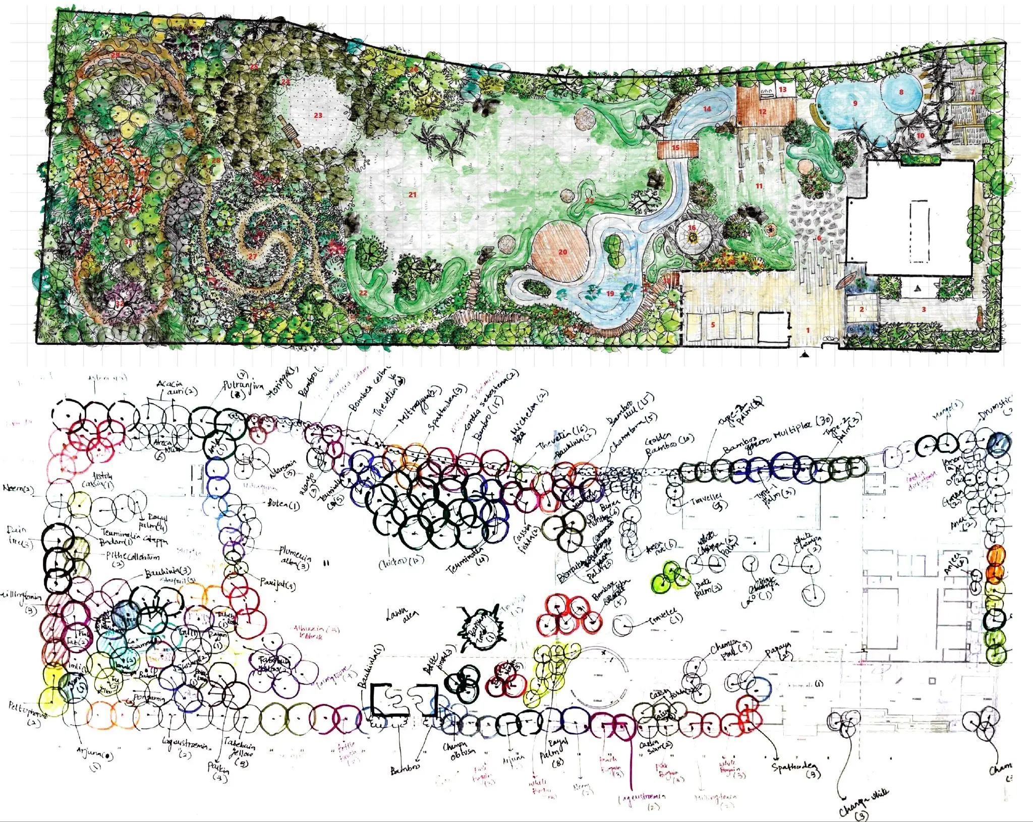 This linear farmhouse landscape evolved through poetic sensibilities allowing the plan to become more fluid and experiential.The dense planting palette in a rich soil site of Nal Sarovar with envisioned thriving trees and spaces crafted — culminates in a landscape that balances precision with narrative depth. — Linear landscape project detail, Sculpting Grounds