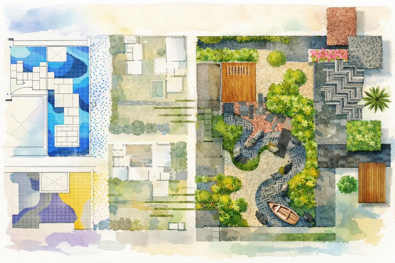 This landscape project integrates material expression, planting diversity, and spatial rhythm to create a cohesive outdoor experience. The flooring design forms the visual backbone of the space, using a mix of natural stone, mosaic tiles, and grey pavers arranged in geometric and organic patterns. These patterns subtly guide movement, define gathering areas, and establish continuity between built and planted zones. — Parallel Paradigm project detail, Sculpting Grounds