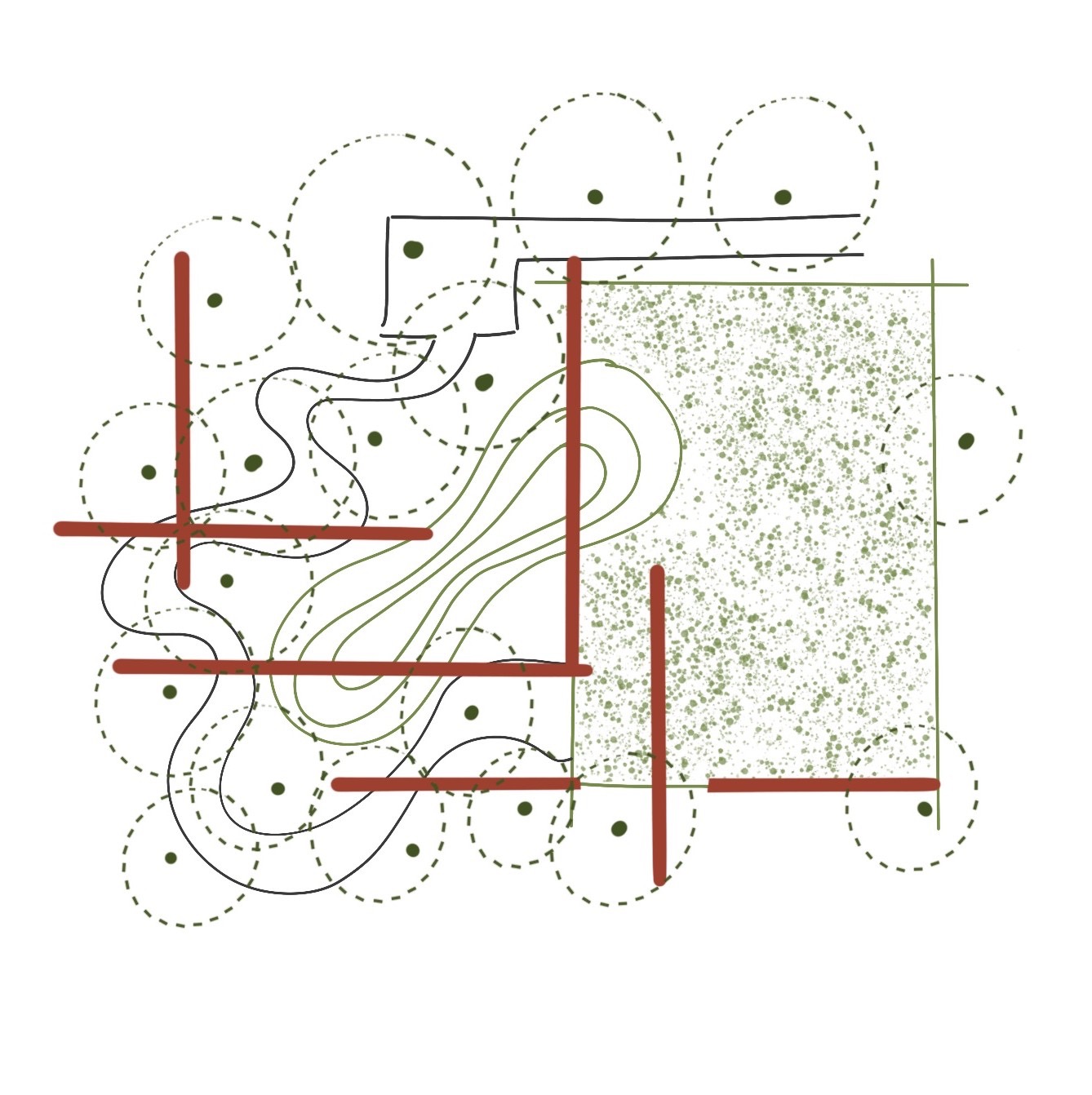 The landscape for the house is designed by making linear walls, that frame the landscape elements and a pathway meandering or linear, that encapsulates the whole. — The Quiet Infinite project detail, Sculpting Grounds