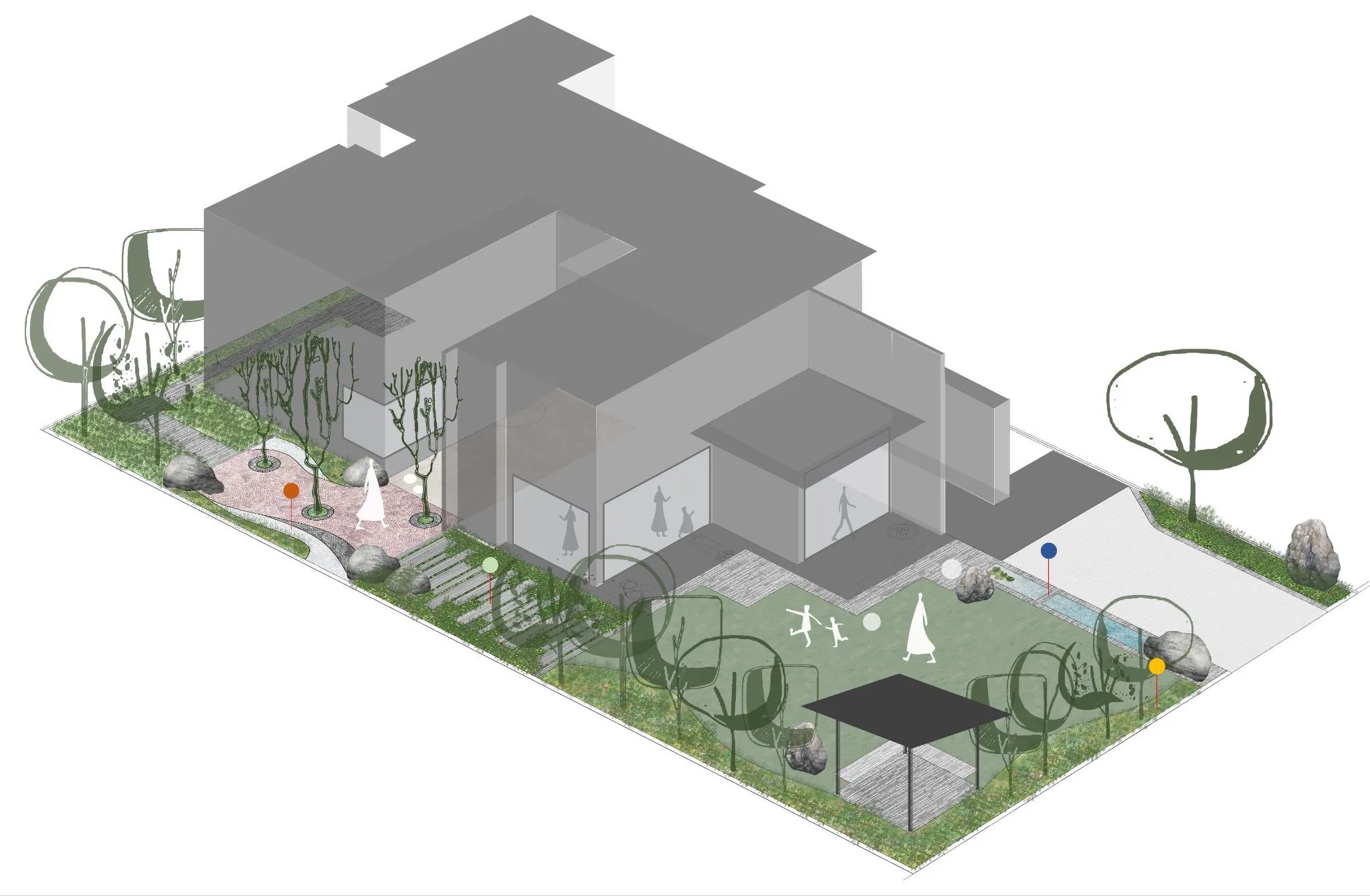 Underfoot, a patterned mix of stone, grass, and smooth pebbles creates subtle rhythm and visual interest, guiding movement and defining gathering spaces. Sculptural features and carefully placed stone boulders provide focal points that draw the eye and invite quiet reflection. — Whispers of home project detail, Sculpting Grounds